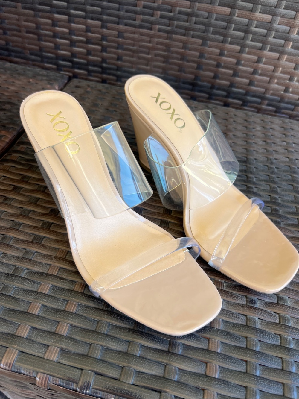 XOXO Nude Clear Strap Block Heel Mules Never Been Worn